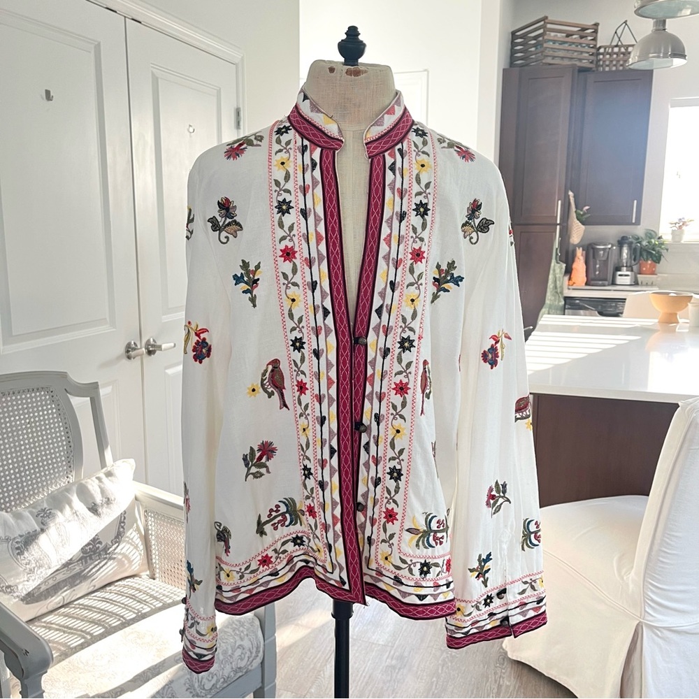 Zara Embroidered Linen Blend Floral Bird Jacket Shirt - Picture 5 of 17